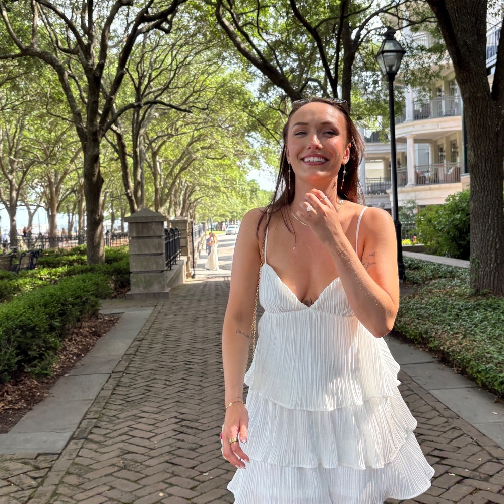 Lulus Sleek Dedication White Satin Plisse Cutout Tiered Mini Dress - Size S - Picture 3 of 4
